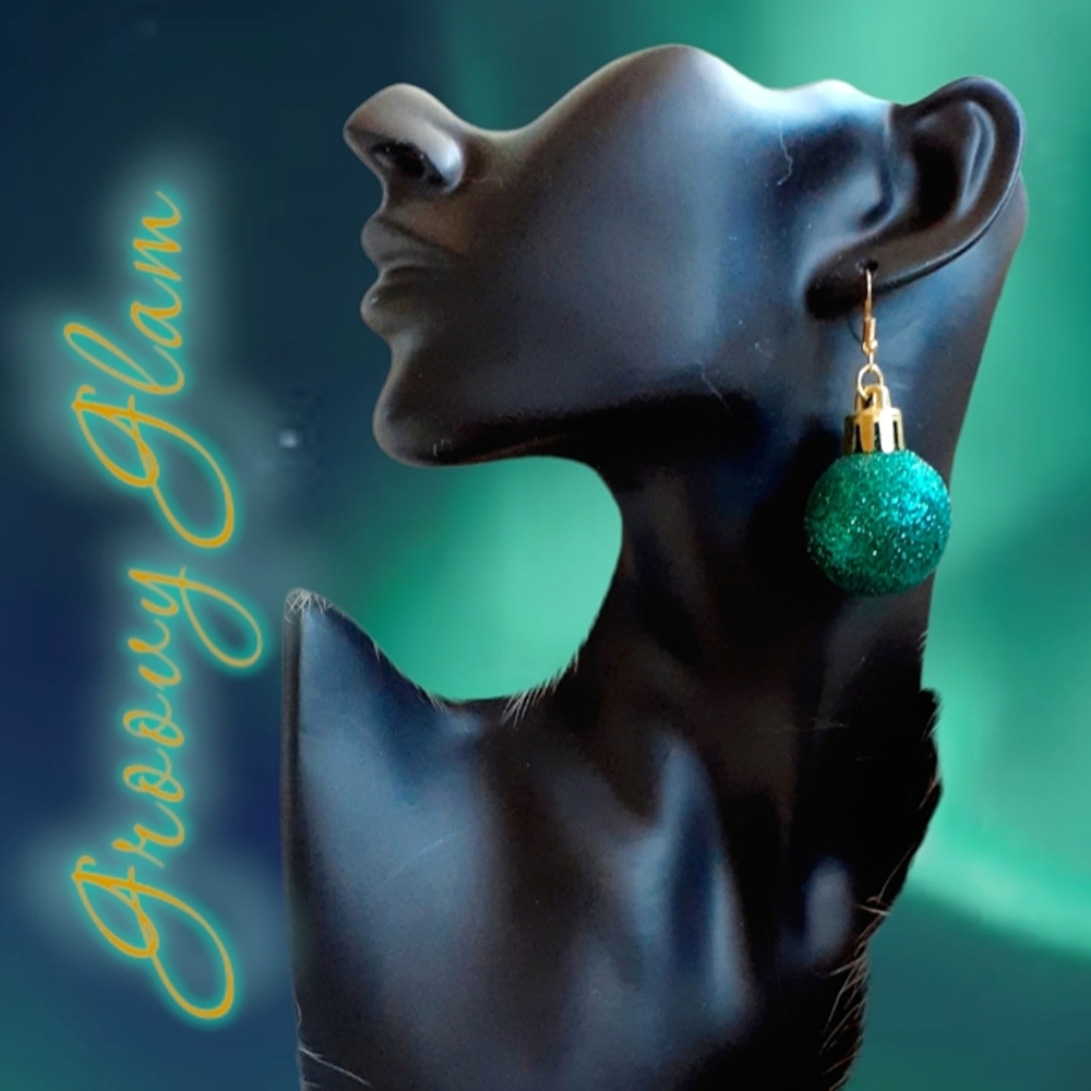 GROOVY GLAM Handmade Teal Green Glitter Mini Ornament Earrings